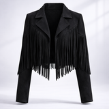 Women's Cropped Suede Fringe Notch-Collar Jacket