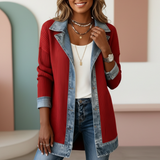 Collared Patchwork Denim Button-Front Long Sleeve Jacket