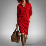 Women's Oversized Knit Polo Midi Dress, High Neck