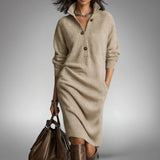Women's Oversized Knit Polo Midi Dress, High Neck