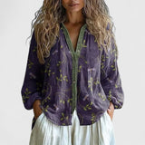 Women's Floral Cotton Blend V-Neck Button Blouse