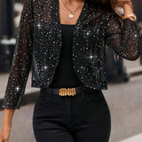 Women's Cropped Open-Front Sequin Long-Sleeve Cardigan