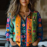Women's Printed Button-Up Cotton Blend Blouse