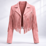 Women's Cropped Suede Fringe Notch-Collar Jacket