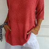 Women's Oversized V-Neck Half-Sleeve Knit Top