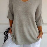 Women's Oversized V-Neck Half-Sleeve Knit Top