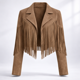 Women's Cropped Suede Fringe Notch-Collar Jacket