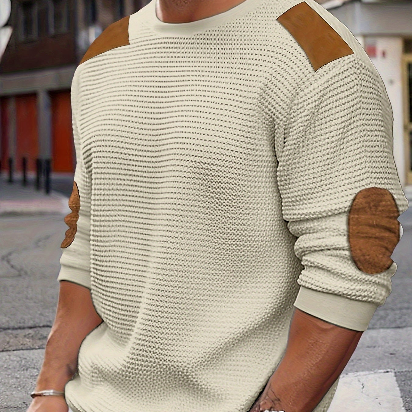 Men's Crew Neck Knit Sweater with Elbow Patches