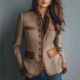 Women's Tweed Blazer with Contrast Leather-Look Trim