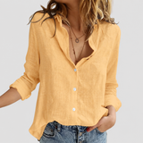Women's Linen V-Neck Button-Front Long Sleeve Blouse