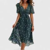 Women's Floral Wrap Midi Dress, Ruffle Sleeves