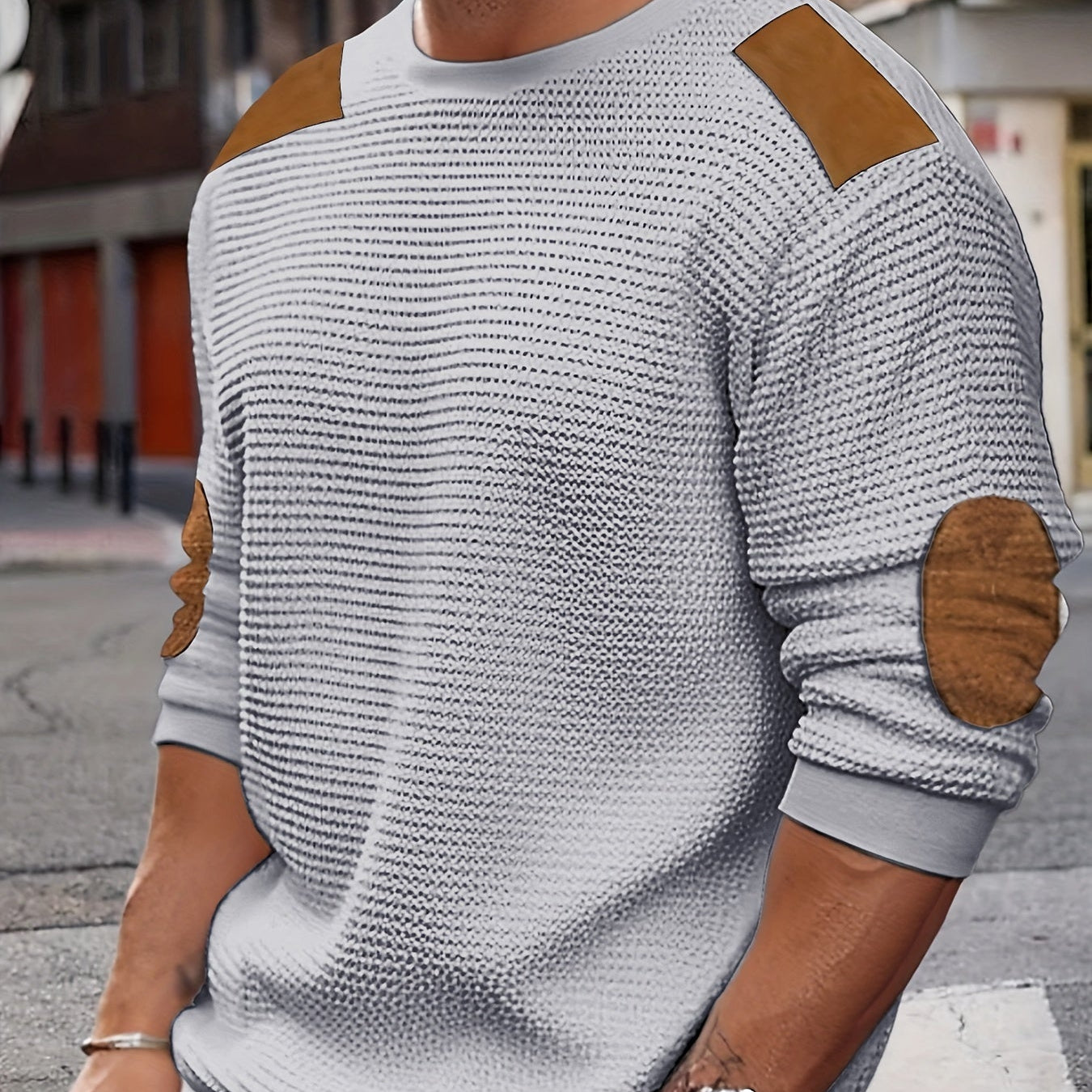 Men's Crew Neck Knit Sweater with Elbow Patches