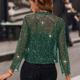 Women's Cropped Open-Front Sequin Long-Sleeve Cardigan