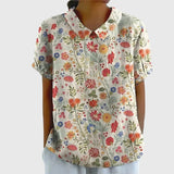Women's Floral Short-Sleeve Collared Cotton Blend Blouse