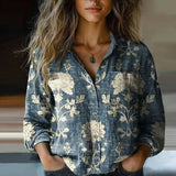 Women's Printed Button-Up Cotton Blend Blouse