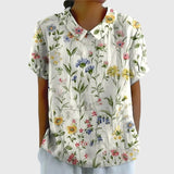 Women's Floral Short-Sleeve Collared Cotton Blend Blouse