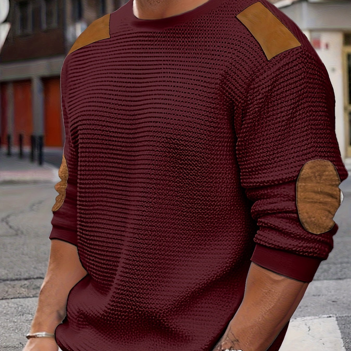 Men's Crew Neck Knit Sweater with Elbow Patches