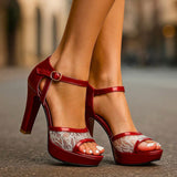 Women's Lace Panel Platform Block Heel Sandals