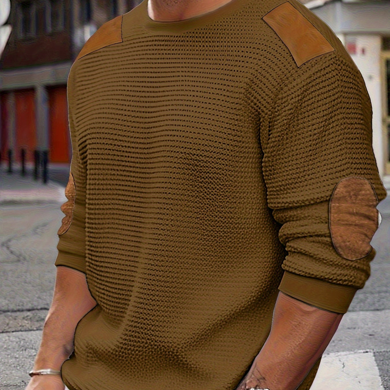 Men's Crew Neck Knit Sweater with Elbow Patches
