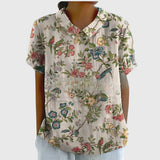 Women's Floral Short-Sleeve Collared Cotton Blend Blouse