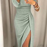 Women's Ruched Bodycon Midi Dress with Side Slit