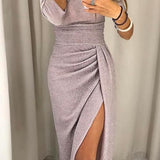 Women's Ruched Bodycon Midi Dress with Side Slit