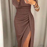 Women's Ruched Bodycon Midi Dress with Side Slit