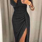 Women's Ruched Bodycon Midi Dress with Side Slit