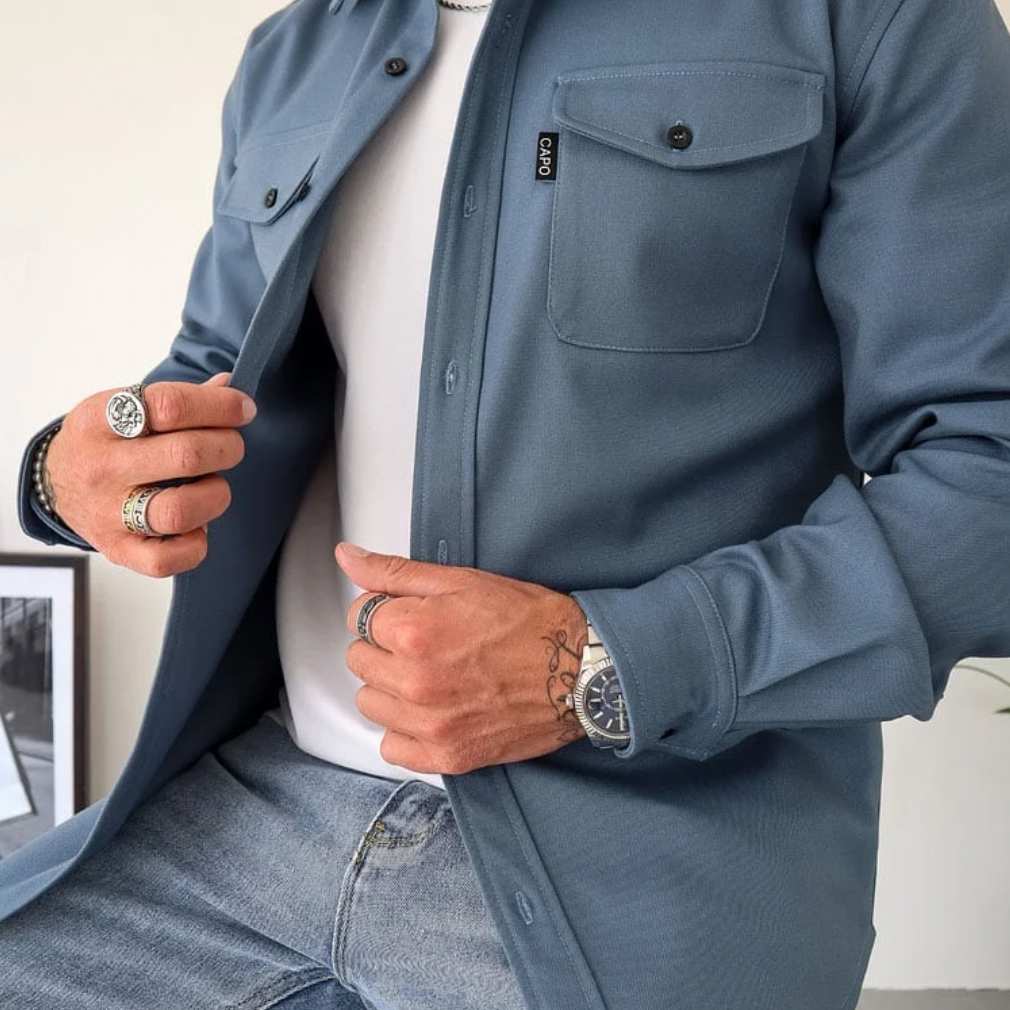 Men's Casual Button-Up Shirt Jacket with Chest Pockets