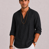 Men's Linen V-Neck Henley Shirt