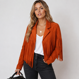 Women's Cropped Suede Fringe Notch-Collar Jacket