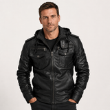 Men's Hooded Faux Leather Utility Jacket