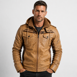 Men's Hooded Faux Leather Utility Jacket