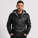 Men's Hooded Faux Leather Zip Jacket
