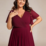 Women's Pleated Wrap Midi Dress, Flutter Sleeves