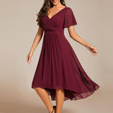 Women's Pleated Wrap Midi Dress, Flutter Sleeves
