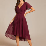 Women's Pleated Wrap Midi Dress, Flutter Sleeves