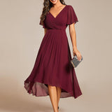 Women's Pleated Wrap Midi Dress, Flutter Sleeves