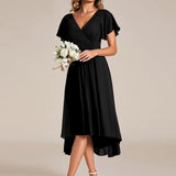 Women's Pleated Wrap Midi Dress, Flutter Sleeves