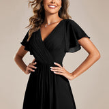 Women's Pleated Wrap Midi Dress, Flutter Sleeves