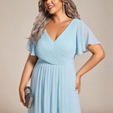 Women's Pleated Wrap Midi Dress, Flutter Sleeves