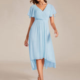 Women's Pleated Wrap Midi Dress, Flutter Sleeves