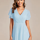 Women's Pleated Wrap Midi Dress, Flutter Sleeves
