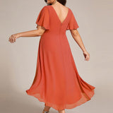 Women's Pleated Wrap Midi Dress, Flutter Sleeves