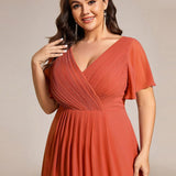 Women's Pleated Wrap Midi Dress, Flutter Sleeves