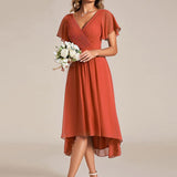Women's Pleated Wrap Midi Dress, Flutter Sleeves