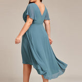 Women's Pleated Wrap Midi Dress, Flutter Sleeves