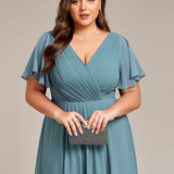 Women's Pleated Wrap Midi Dress, Flutter Sleeves
