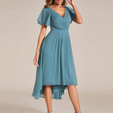 Women's Pleated Wrap Midi Dress, Flutter Sleeves
