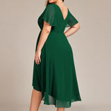 Women's Pleated Wrap Midi Dress, Flutter Sleeves